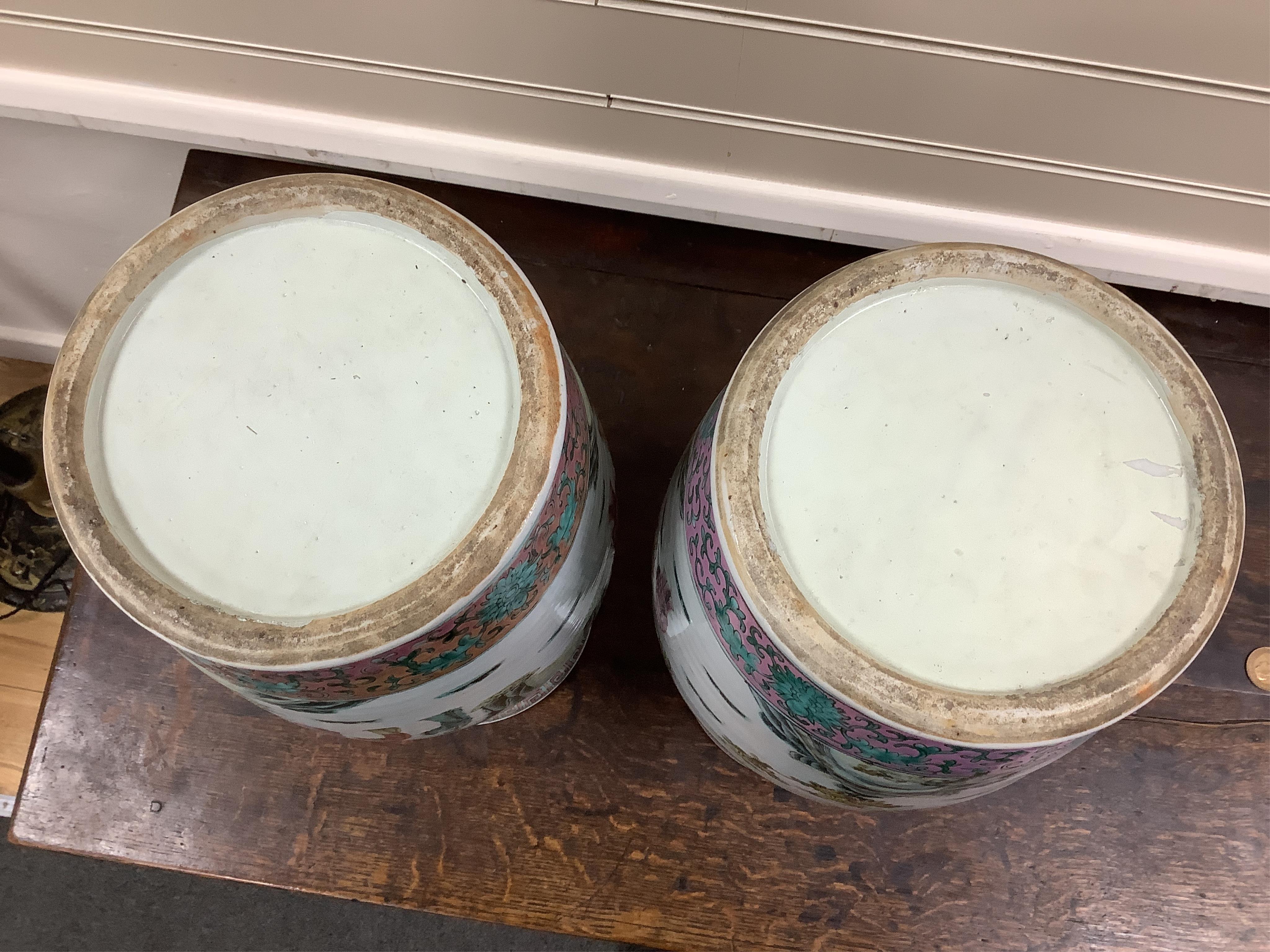 A pair of large late 19th century Chinese famille rose ‘scholars’ vases, 45cm high
